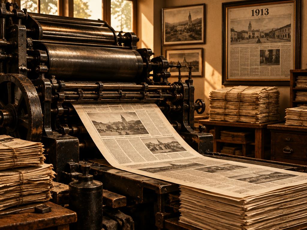Vintage printing press producing Spanish-language newspapers, with a framed 1913 front page on the wall