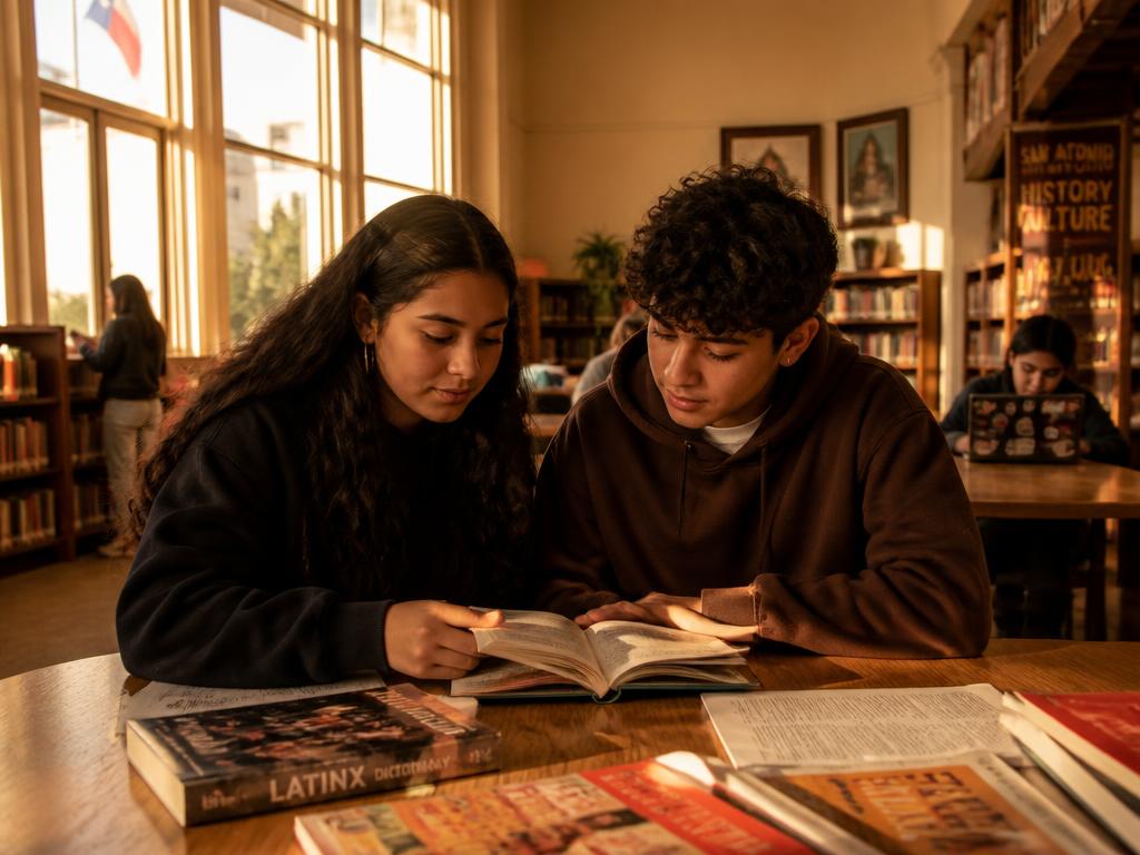Two bilingual students reading together at a San Antonio community library table
