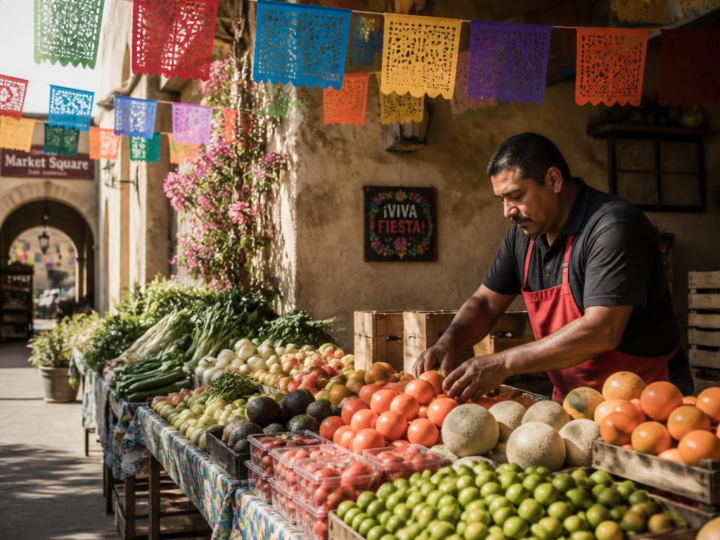 Vendor arranging fresh produce at a San Antonio Market Square stall under papel picado banners