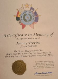 A Certificate in Memory of Johnny Trevino