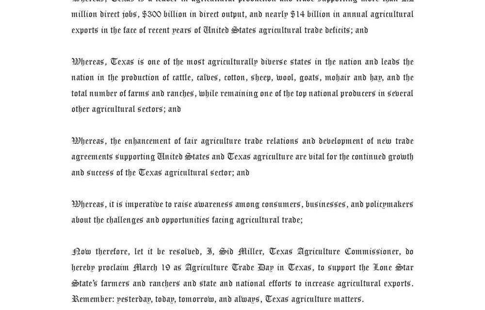 El Comisionado de Agricultura de Texas, Sid Miller, declara el 19 de marzo Día del Comercio Agrícola de Texas