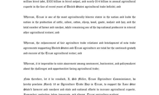 El Comisionado de Agricultura de Texas, Sid Miller, declara el 19 de marzo Día del Comercio Agrícola de Texas